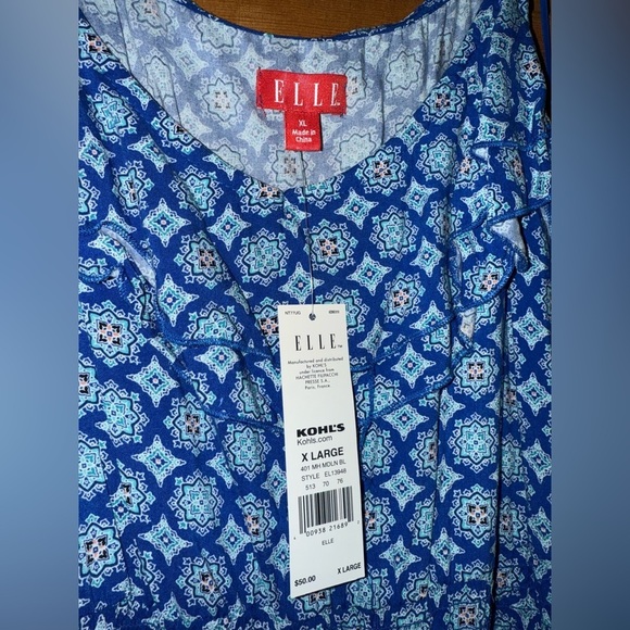 ELLE Blue Ruffled Neck Sundress XL Adjustable Straps Smocked Waist Pockets NWT - Picture 3 of 3
